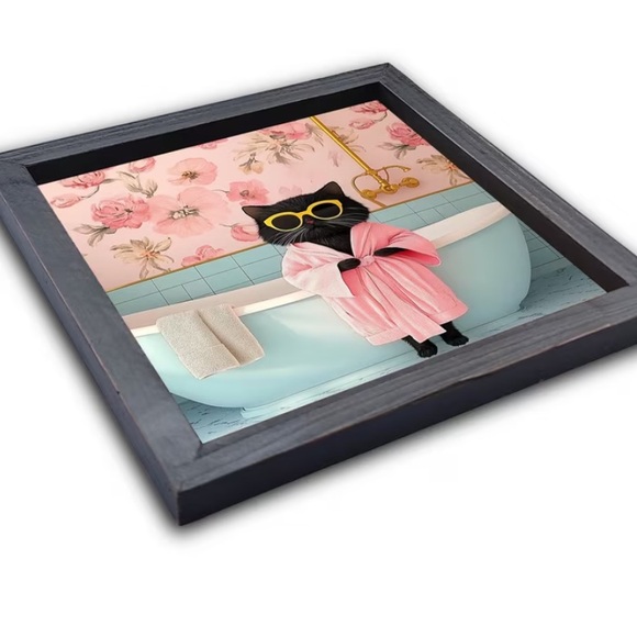 Framed Wooden Black Cat Art in Pink Robe with Bathtub Wall Decor 8x8” NWT - Picture 5 of 7